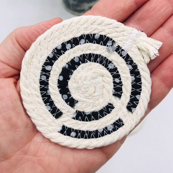 Rope Car Coasters Boho Black and White Dots One Set of 2 For Car Cup Holders - Picture 3 of 4